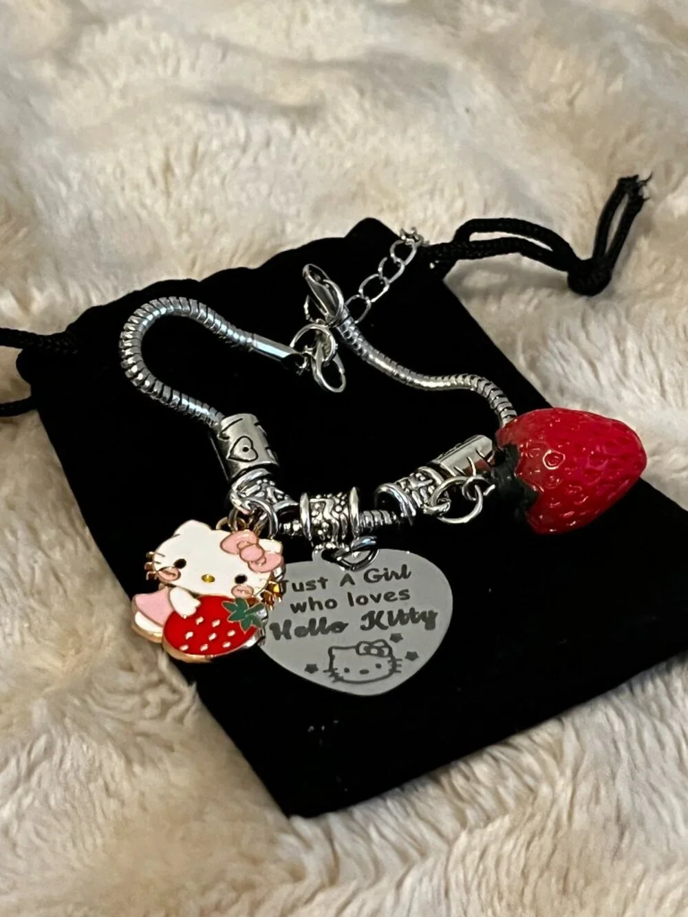 BRAND NEW Sanrio Hello Kitty Kids Silver Tone Charm Bracelet with Strawberry Cha